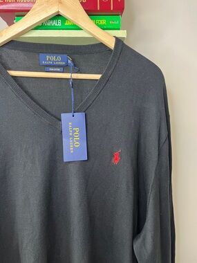 Pima Cotton Polo Ralph Lauren Black V Neck Pullover Cardigan Jumper - NWT - XXL